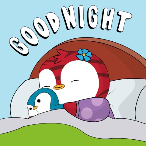 The image features a cartoon penguin sleeping peacefully under a bed with white sheets. Above the penguin, there's text that reads "Good night" and includes an illustration of a flower. Below the penguin, another smaller penguin can be seen resting on the same sheet as the main character. The post also mentions that they will wake up together to continue their adventures in the morning.