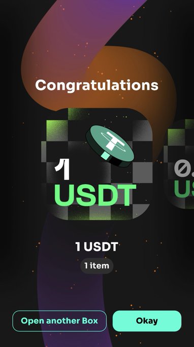 The image shows a phone screen with an open box that has a green and black checkerboard pattern, along with text that reads "1 USDT 1 item". The background of the image is black, which contrasts with the colorful box on the right side. The text in the image seems to be related to a gaming or trading app, possibly for cryptocurrency exchanges like Bitcoin.