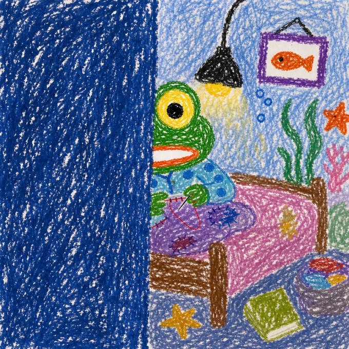 A colorful child's crayon drawing depicting a green frog on a bed with a lamp and fish picture on the wall, with a large dark blue area dominating the left side.