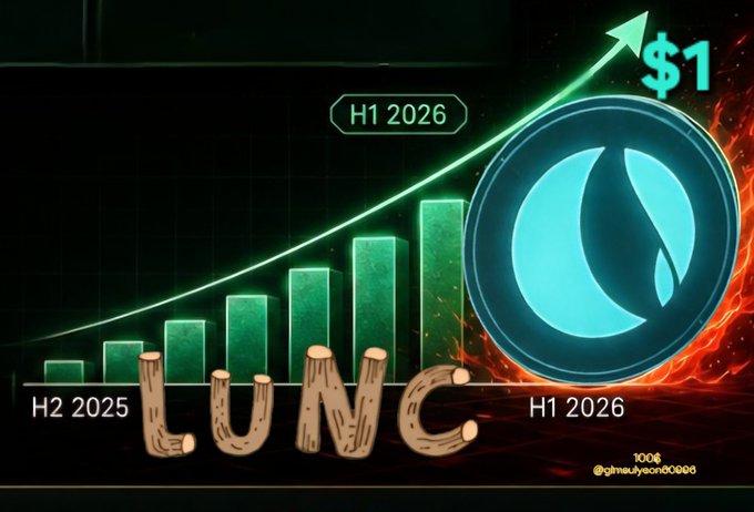 A crypto promotional graphic showing a rising green bar chart from 'H2 2025' to 'H1 2026' with the token 'LUNC' made of wooden logs, a Sui logo, and text '$1' with '@ginaulycan60008' and '100%'.
