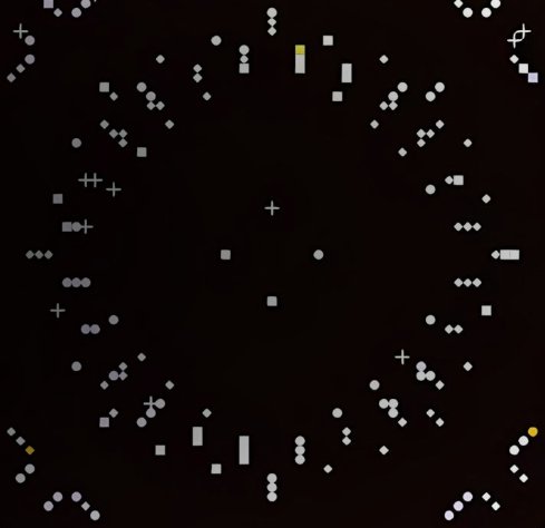 A black digital artwork featuring scattered white dots, squares, and plus signs arranged in a circular pattern, with a few gold accents. The minimalist, pixelated aesthetic visually evokes quantum processing and computational networks, complementing the post about @quipnetwork's Node Manager v0.2.3 performance improvements in quantum computing.