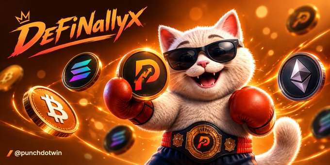 A promotional graphic titled 'DeFiNallyX' featuring a fluffy white cat wearing sunglasses, red boxing gloves, and a championship belt, surrounded by floating cryptocurrency coins including Bitcoin, Solana, P, and Ethereum, branded '@punchdotwin'.