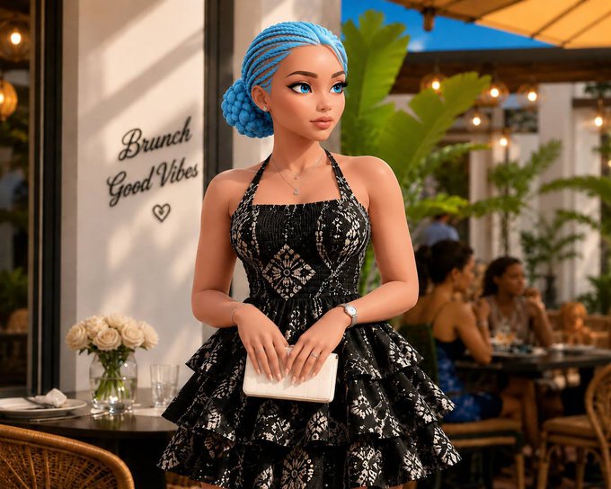 A stylized 3D-rendered image of a character resembling a Barbie doll with blue braided hair, wearing a black lace halter dress, posing at an outdoor cafe with 'Brunch Good Vibes' written on the wall.