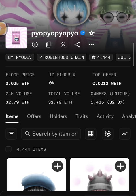 The image shows a NFT collection page on a marketplace for "pyopyopyo" with 4,444 items, a floor price of 0.025 ETH, and 32.79 ETH total volume, featuring chibi-style avatar characters with hats and glasses. This directly relates to the post celebrating the pyopyopyo410 NFT sellout, as the 0.025 ETH floor price displayed matches the final price mentioned after the mint's rapid progression from 0.0014 ETH.