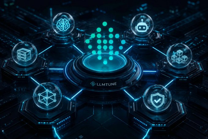 A futuristic digital concept image shows 'LLMTUNE' at the center with glowing teal nodes connected by circuit lines, featuring icons of a brain, AI robot, database, blocks, network, and security shield.