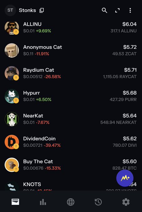 A mobile screenshot of the "Stonks" app displaying a list of meme tokens including ALLINU ($6.04, +9.69%), Anonymous Cat ($5.72, -11.91%), Raydium Cat ($5.71, -26.58%), Hypurr ($5.68, +6.50%), NearKat ($5.64, -7.67%), DividendCoin ($5.62, -39.47%), and Buy The Cat ($5.60, -15.33%), illustrating the kind of volatile token airdrops that LaunchOnSF delivers to holders every 12 hours.