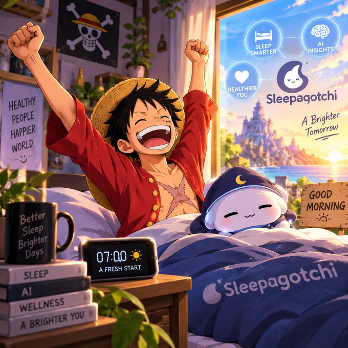 Anime-style promotional image for "Sleepagotchi" showing a character resembling Luffy stretching happily, with a cute sleep mascot, text reading "A Brighter Tomorrow", "SLEEP SMARTER", "AI INSIGHTS", and "HEALTHIER YOU".