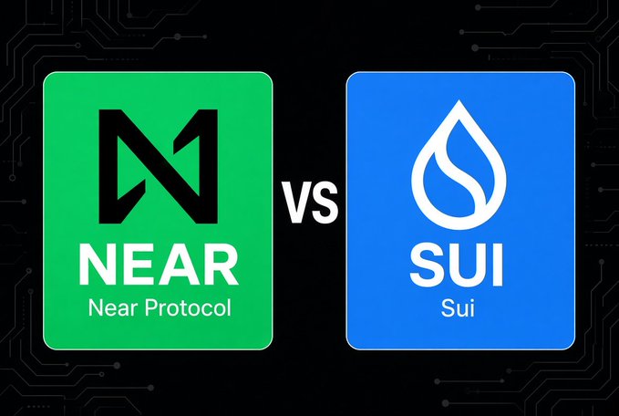 The image compares the NEAR and SUI cryptocurrency logos, with “NEAR Protocol” priced at $5.02 and a $6.59B market cap versus “SUI” priced at $1.03 and a $4.25B market cap. It visually frames the accompanying question: which of $NEAR or $SUI is more bullish right now?