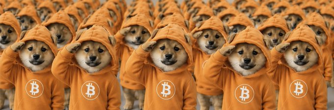 An AI-generated image showing rows of Shiba Inu dogs wearing orange hoodies with the Bitcoin logo, all saluting.
