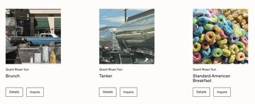 A user interface displaying three 'Giant River Toy' food truck listings labeled 'Brunch', 'Tanker', and 'Standard American Breakfast', each with 'Details' and 'Inquire' buttons.