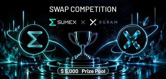 A promotional graphic for a 'SWAP COMPETITION' between SUMEX and XGRAM, showing logos on either side of a silver trophy, advertising a '$ 5,000 Prize Pool' against a futuristic blue crystalline background.
