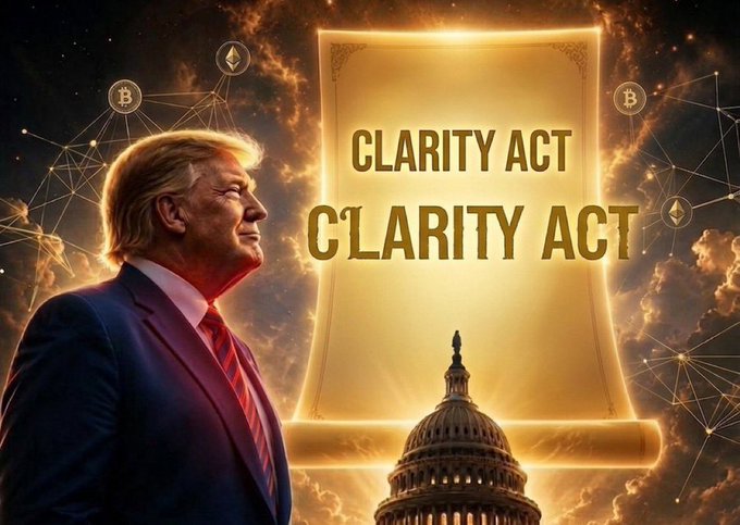The image features Donald Trump in profile against a dramatic golden backdrop showcasing a glowing scroll labeled "CLARITY ACT" alongside Bitcoin and Ethereum symbols, with the U.S. Capitol dome below, visually reinforcing his pledge to establish permanent legislative framework for U.S. digital assets.