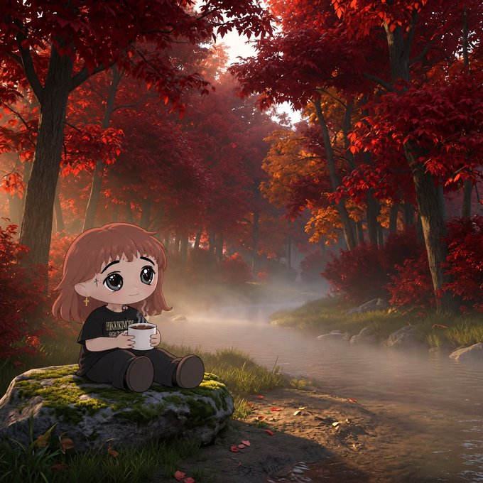 A chibi-style anime character with brown hair sits on a mossy rock holding a white mug, in a vibrant autumn forest with red maple trees beside a misty stream.