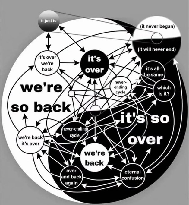 A circular meme graphic showing a chaotic flow chart with interconnected phrases including 'it's over', 'we're back', 'it just is', and 'eternal confusion'.