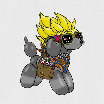 A cartoon-style drawing of a gray pony with a spiky yellow mane, wearing pixelated sunglasses and a bandana, with a small brown bag featuring a mushroom design.