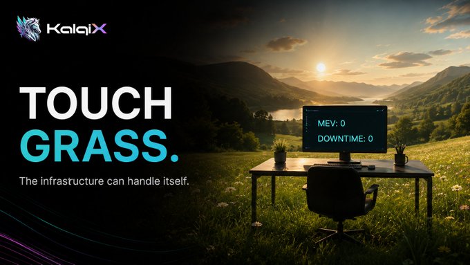 A Kaliqx advertisement reading 'TOUCH GRASS. The infrastructure can handle itself.' features a serene mountain landscape with a desk setup displaying 'MEV: 0' and 'DOWNTIME: 0'.