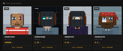Four pixel-art NFT character profiles are displayed, each featuring a distinct design and labeled with names such as 'Noa Fan', 'Simple Skin', and 'Blade Hunter'.