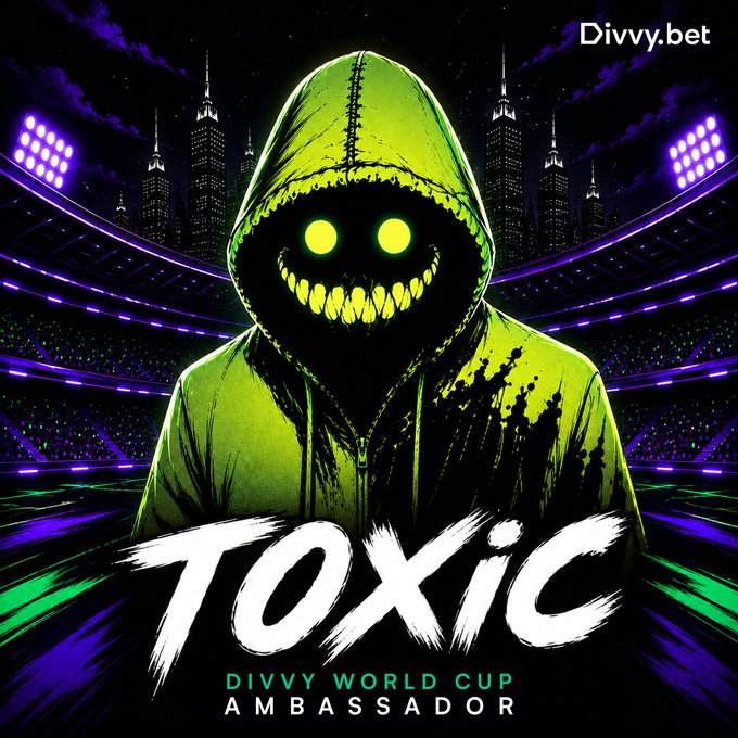 The image features a poster for "Toxic" featuring a person wearing a green hoodie with a face, possibly a monster or a character from a video game. The poster also includes text that reads "Divvy World Cup Ambassador", indicating that the poster is promoting an event related to the Divvy World Cup. The poster has a purple background and neon lights, creating a vibrant and energetic atmosphere.