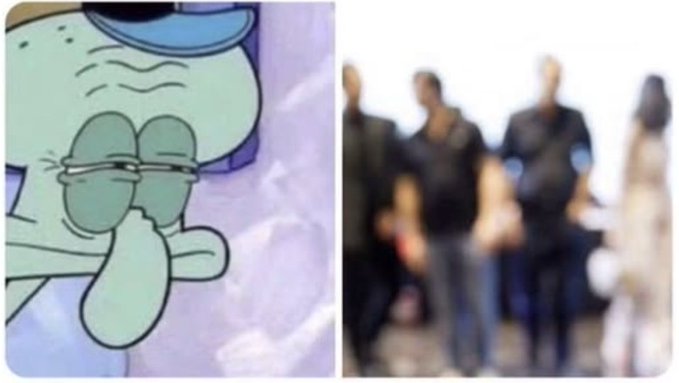 The image features Squidward from SpongeBob SquarePants looking visibly disappointed on the left, paired with a blurred group of people on the right. The post humorously uses Squidward's dejected expression to represent feeling ignored by a group of people who pretended not to notice him.