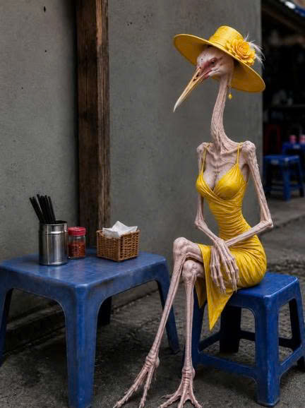A surreal image of a tall, thin bird-like creature wearing a yellow hat and dress, sitting at a small blue table with condiment containers and a basket.