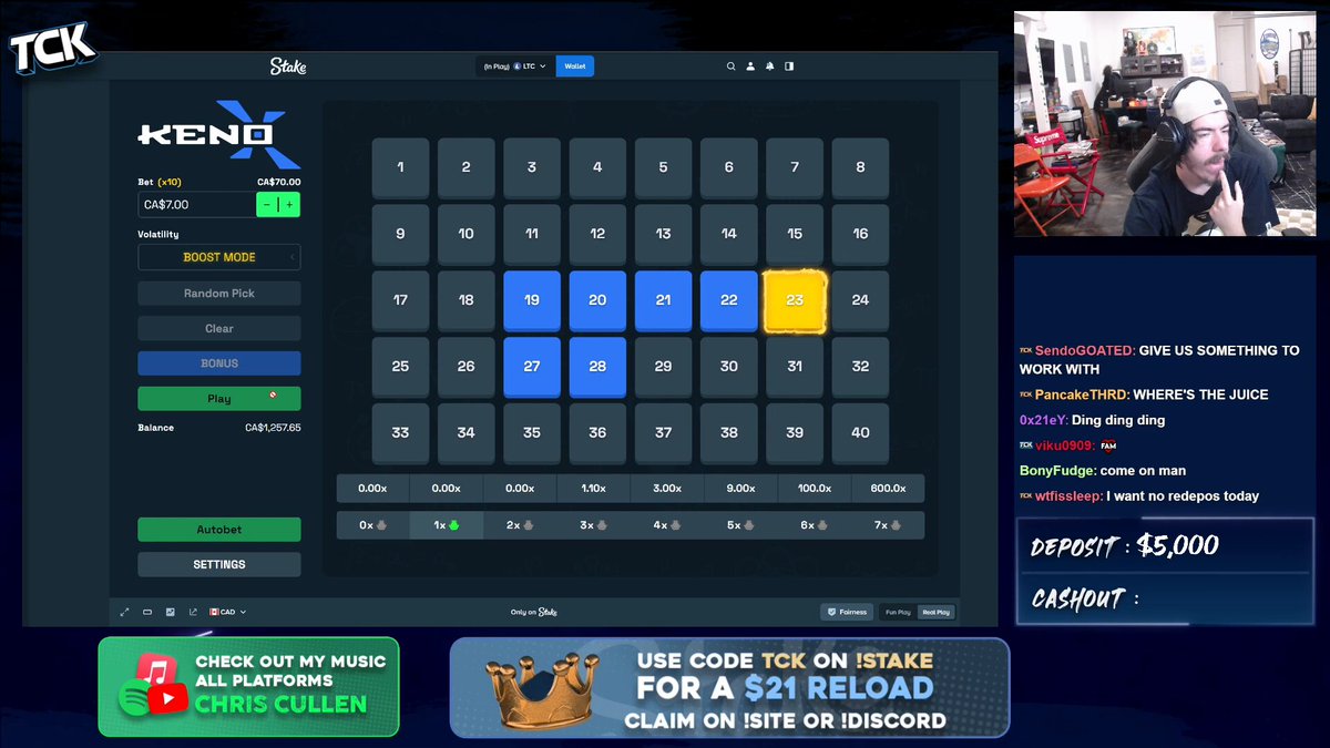 The image shows a computer screen displaying a game interface with a grid of numbers and a yellow square in the center. The text "Degen, @KickTCK_ is asking for your Stake usernames". This suggests that the user might be participating in a gaming event or challenge where they need to stake their account to play.