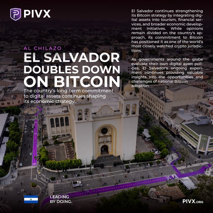 A PIVX article titled 'EL SALVADOR DOUBLES DOWN ON BITCOIN' by Al Chilazo, discussing the country's commitment to digital assets and its impact on its economic strategy, set against an aerial view of a cathedral with 'PIVX.ORG' and 'LEADING BY DOING' at the bottom.