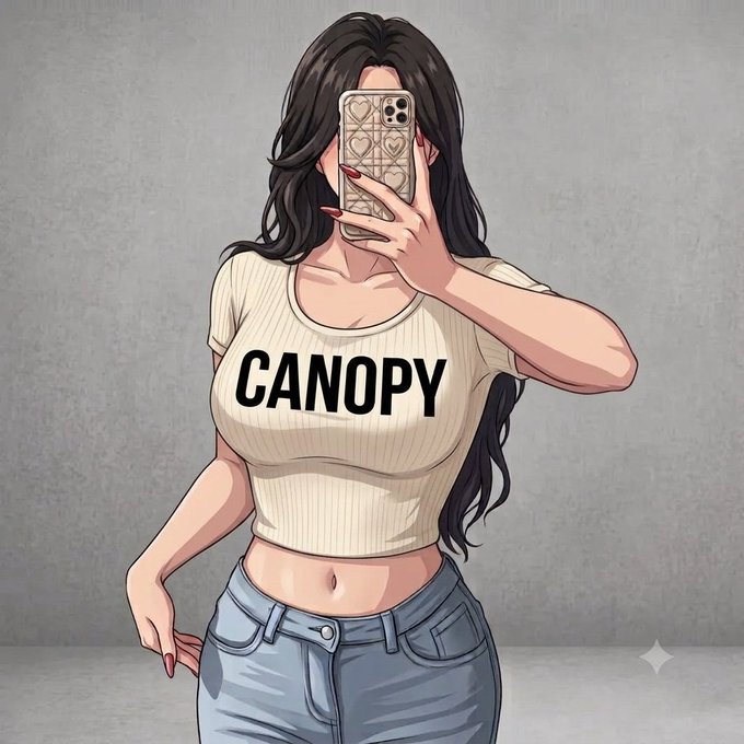 An anime-style illustration of a girl taking a mirror selfie with her phone, wearing a cropped beige t-shirt with 'CANOPY' printed on it and light blue jeans.