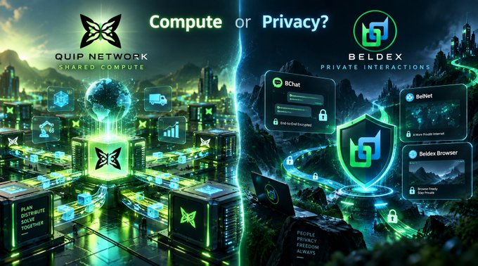 The image is a side-by-side comparison contrasting "Compute or Privacy?" — featuring **QUIP Network (Shared Compute)** on the left, depicted with interconnected servers and glowing nodes representing distributed processing power, against **BELDEX (Private Interactions)** on the right, shown with a shield and secure chat/browser icons emphasizing end-to-end encryption and private browsing.

The visual reinforces the post's message by illustrating the trade-off Quip Network addresses: while much of the crypto world (like Beldex) focuses on privacy, Quip Network tackles the harder challenge of coordinating multiple machines to work together as a unified compute network.
