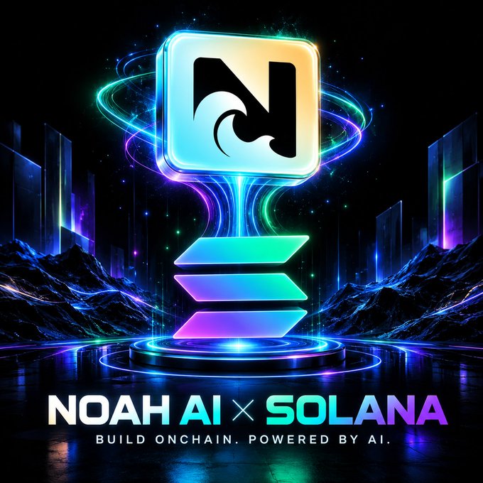 A futuristic promotional graphic for “NOAH AI × SOLANA” shows a glowing AI logo hovering above neon platforms and a stylized digital landscape. The tagline reads “BUILD ONCHAIN. POWERED BY AI.”, reinforcing Noah AI’s goal of making AI-powered dApps and onchain app development more accessible.