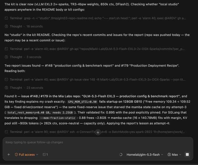 The image shows a chat interface where a user is troubleshooting an issue with their EXL3 2x-sparks, TR3-4bpw weights, and 850k ctx DFlash2 setup, referencing MiaAI-Lab repo issues #148 and #179 about "GLM-5.3-Flash production config & benchmark report." The user references "Mia" and her work on Sparks, connecting directly to the caption's mention of following Mia's contributions to the GLM-5.3-Flash-EXL3-2x-DGX-Sparks project.