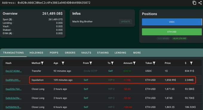 Blockchain analytics dashboard for address 0x020cA66C30beC2c4Fe3861a94E4DB44498A35872 showing Overview, Infos ('Machi Big Brother'), Positions (USDC and ETH-USD), and a Transactions tab highlighting a Liquidation entry on HIP-2.