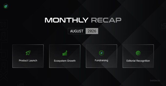 A dark-themed 'Monthly Recap' slide for August 2026 featuring four highlighted categories: Product Launch, Ecosystem Growth, Fundraising, and Editorial Recognition.