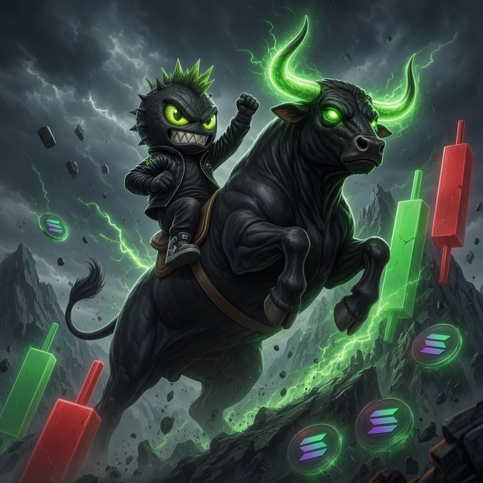 A digital fantasy artwork of a spiky-haired character with glowing green eyes riding a large black bull with glowing green horns, surrounded by green lightning, floating red and green candlestick chart bars, and Solana (SOL) logos on a stormy mountainous background.