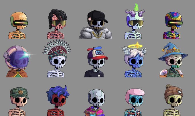 A grid of 15 stylized skeleton NFT avatars with various colorful accessories including hats, sunglasses, and headwear displayed against a gray background.