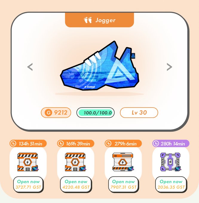 A STEPN NFT sneaker interface displays a "Jogger" shoe at Level 30 with a 100/100 durability rating and 9,212 GST, alongside four Rainbow Capsule options available to open with tickets ranging from 134h 51min to 280h 14min, costing between 2,036.35 and 7,907.31 GST each—relevant to the user's dilemma about whether to spend GST opening capsules with such unpredictable contents.