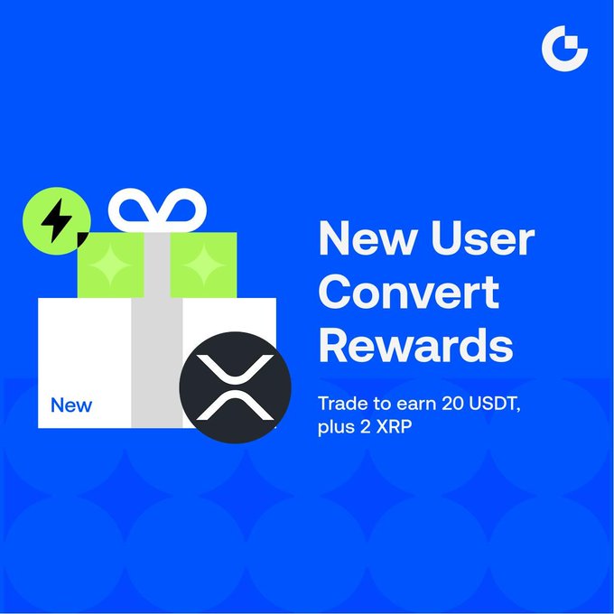 A blue promotional graphic for crypto exchange offering 'New User Convert Rewards' with text 'Trade to earn 20 USDT, plus 2 XRP', featuring a gift box with XRP logo.