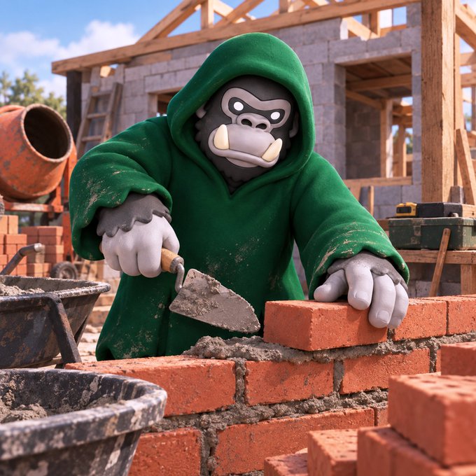 A 3D-rendered gorilla character wearing a green hoodie lays bricks on a wall at a construction site, holding a trowel in one hand and a brick in the other.