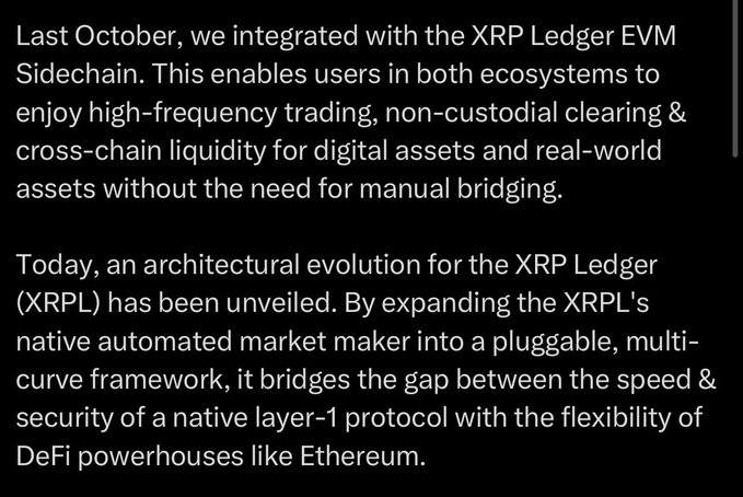The image shows a black background with white text that reads "Today, an architectural evolution for the XP Ledger". This description suggests that there might be some sort of upgrade or development happening related to the XP Ledger, possibly involving the Sidechain. The image does not provide any additional context about this upgrade or its purpose.