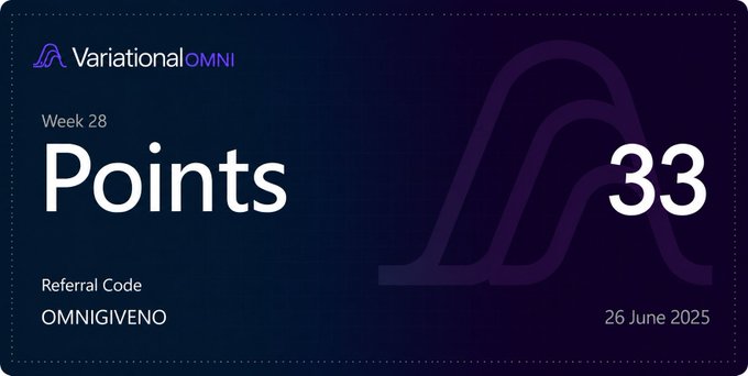 A dark-themed weekly points card from Variational OMNI for Week 28, dated 26 June 2025, displays "Points 33" with referral code "OMNIGIVENO," aligning with the post's update on earning +33 points that week.