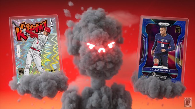 Two Panini Blockchain baseball and soccer trading cards featuring "Buhner" and "Kylian Mbappe #10" flank an angry, glowing-eyed mushroom cloud on a red background, visually representing the explosive giveaway collaboration between @spinotron and a Vibetown Highkey Moments OE mint drop.