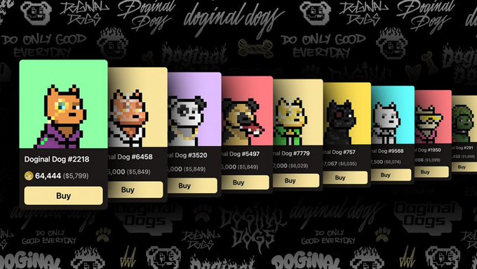 A digital storefront displays pixel-art "Doginal Dogs" NFTs for sale, including "Doginal Dog #2218" priced at 64,444 ($5,799) and others with their respective prices and Buy buttons.