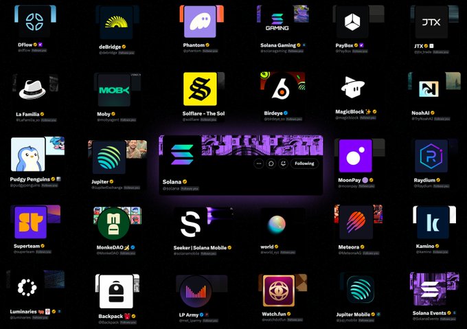 A dark screen displaying a grid of multiple NFT collection thumbnails, including DFlre, deBridge, Phantom, Solana Gaming, PyBox, JTX, La Familia, Moby, and Solflare, with a Solana profile pop-up in the center.
