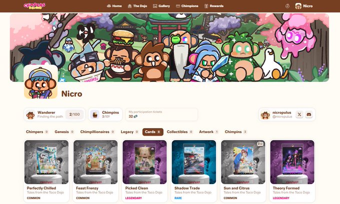 A screenshot of the "CHIMPIONS" website profile for user "Nicro", displaying various digital trading cards including "Perfectly Chilled", "Feast Frenzy", "Picked Clean", "Shadow Trade", "Sun and Citrus", and "Theory Formed".