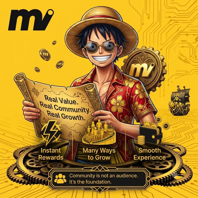 An anime-style illustration of a character wearing a straw hat and sunglasses holding a scroll that reads 'Real Value. Real Community. Real Growth.' with logos and text promoting 'Instant Rewards', 'Many Ways to Grow', and 'Smooth Experience'.