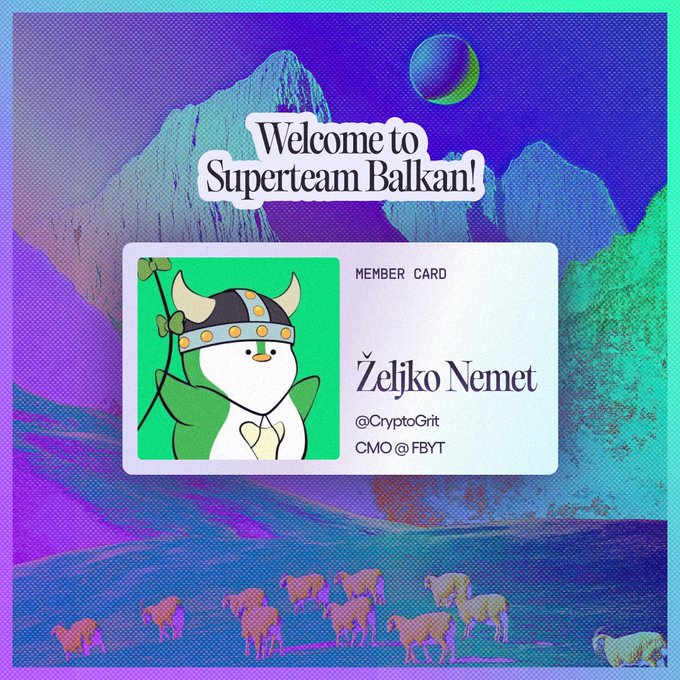 A welcome graphic for 'Superteam Balkan!' displaying a member card for Željko Nemet (@CryptoGrit), CMO @FBYT, featuring a Viking-helmeted penguin mascot against a psychedelic mountain landscape with cows at the bottom.