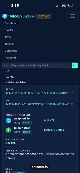 Screenshot of the Telcoin Explorer TESTNET interface on telscan.io showing a wallet with no available balance and transaction details for WTEL and eUSD tokens.