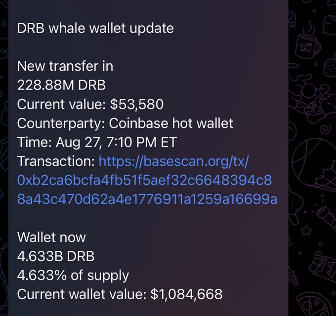 A notification of a DRB whale wallet update showing a transfer in of 228.88M DRB ($53,580) from a Coinbase hot wallet, bringing the wallet to 4.6333B DRB (4.633% of supply) valued at $1,084,668, which supports the post's claim that the wallet crossed $1M at 7:10 PM ET and now holds 4.6% of DRB supply.