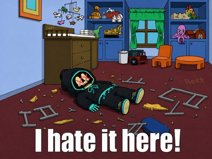 A cartoon figure in a skeleton hoodie lies on the floor of a trashed playroom amid scattered toys, with the text 'I hate it here!' at the bottom.