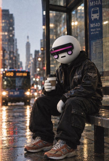 A 3D-rendered character with a white spherical helmet and pink glowing visor, wearing a black jacket, sitting on a bench at a rainy city bus stop at night holding a coffee cup.