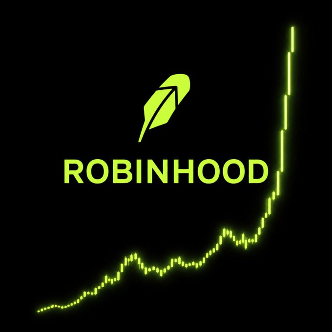 The image displays the green Robinhood logo alongside an upward-trending line chart with candlesticks on a black background, visually reinforcing the post's question about which cryptocurrency on Robinhood will be the next to surge in value.